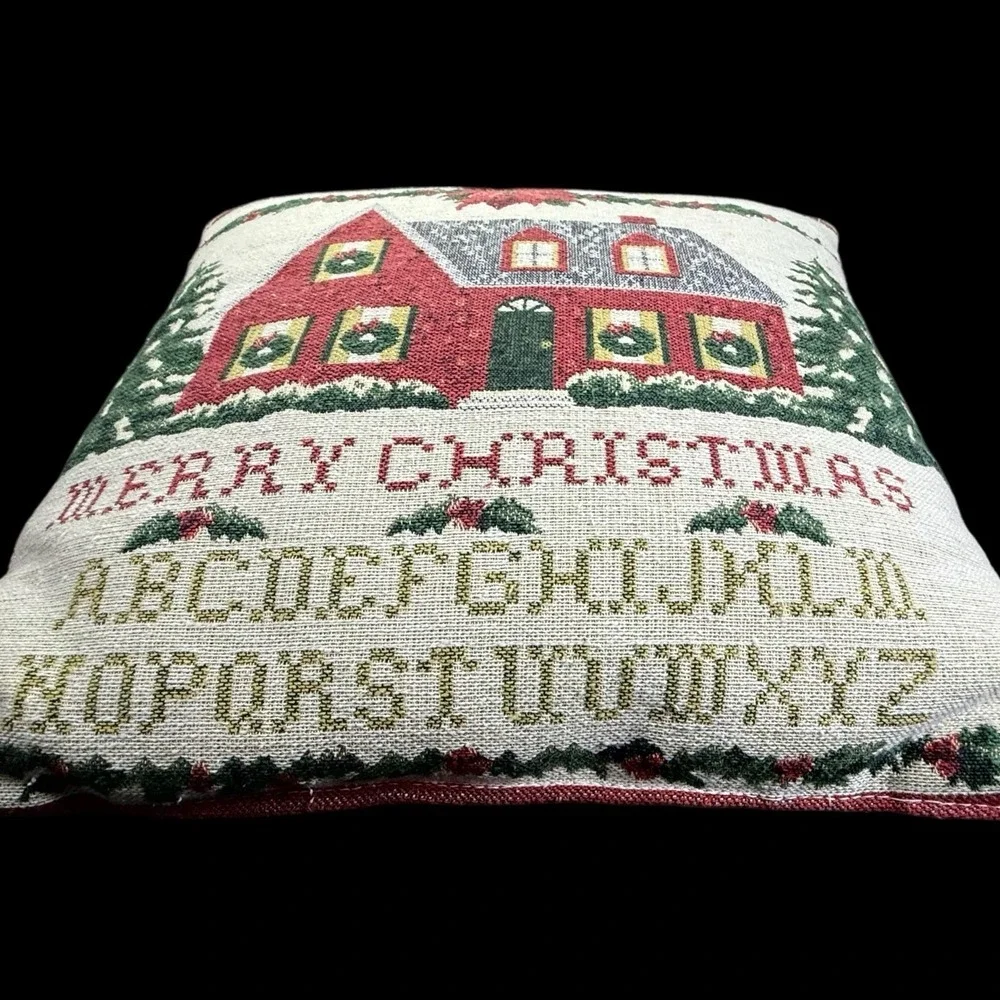 Merry Christmas Throw Pillow Tapastry Sampler Alphabet 15x15 Vintage Cottagecore